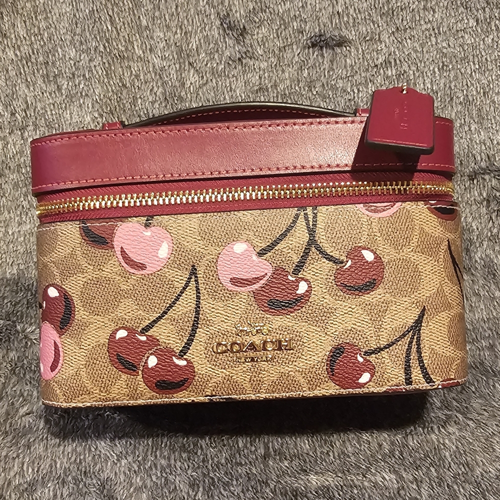 Coach cosmetic case in signature canvas and cherries